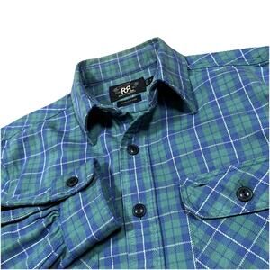 Ralph Lauren RRL Double Shirt Checkered Plaid Tartan Green Blue Small Fade Spot